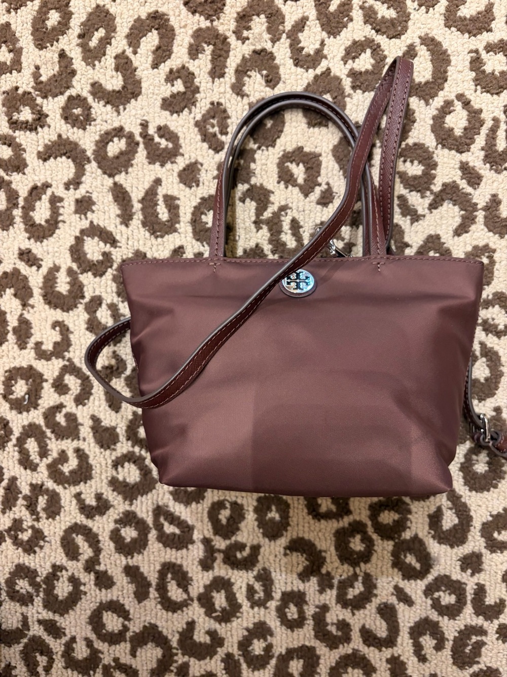 Tory Burch mini  brown Tote nylon tote bag zip closure logo accent gold
